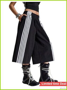 Striped Baggy Wide Leg Capri Pants with Pockets
